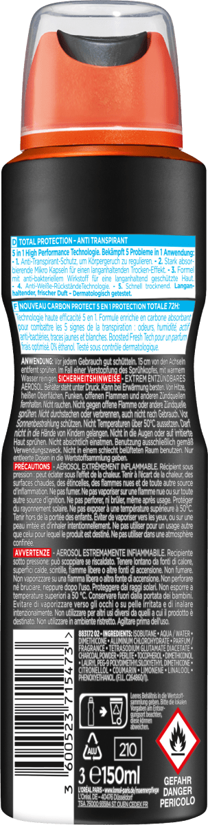 Déodorant spray anti-transpirant Carbon Protect 5in1, 150 ml