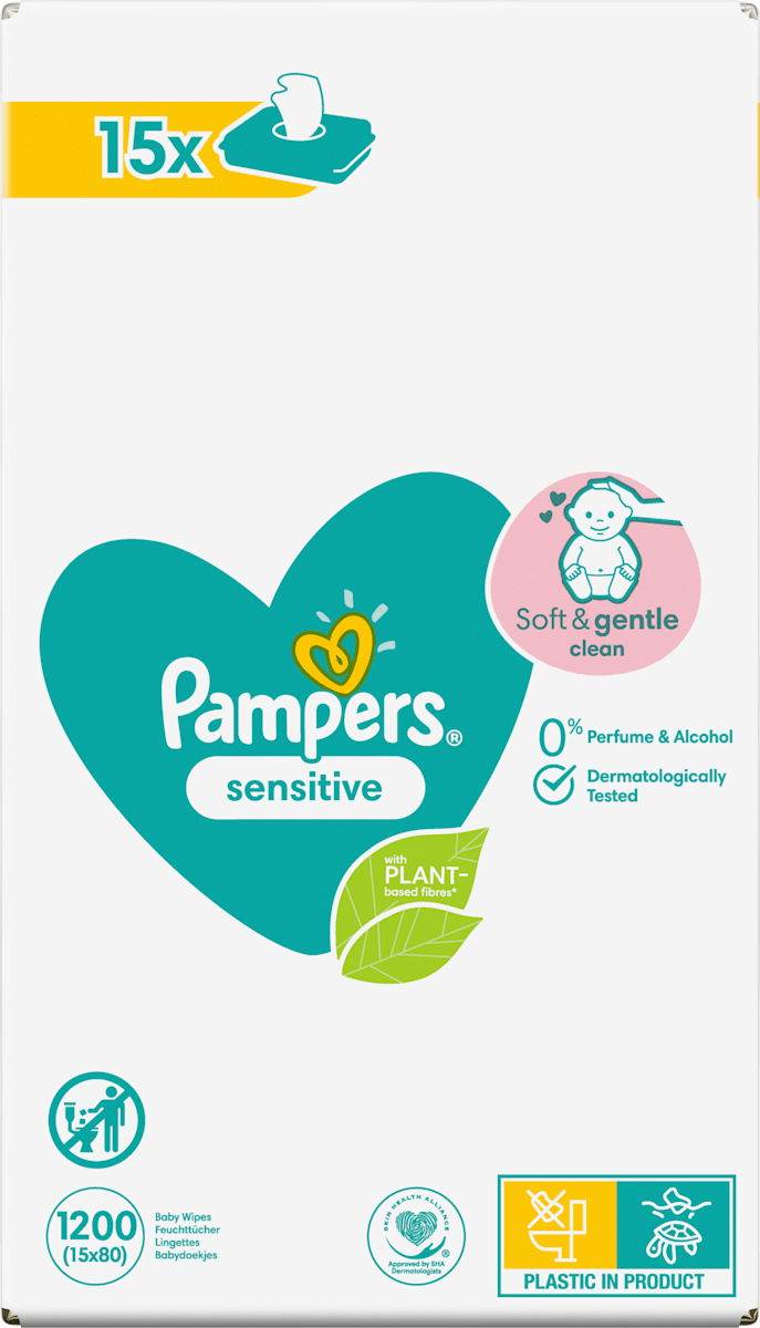 Lingettes humides sensitives (15x80 pces), paquet avantageux, 1.200 pces