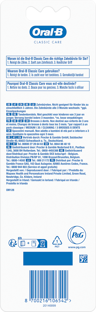 Brosse à dents Classic Care moyenne, 3 pces
