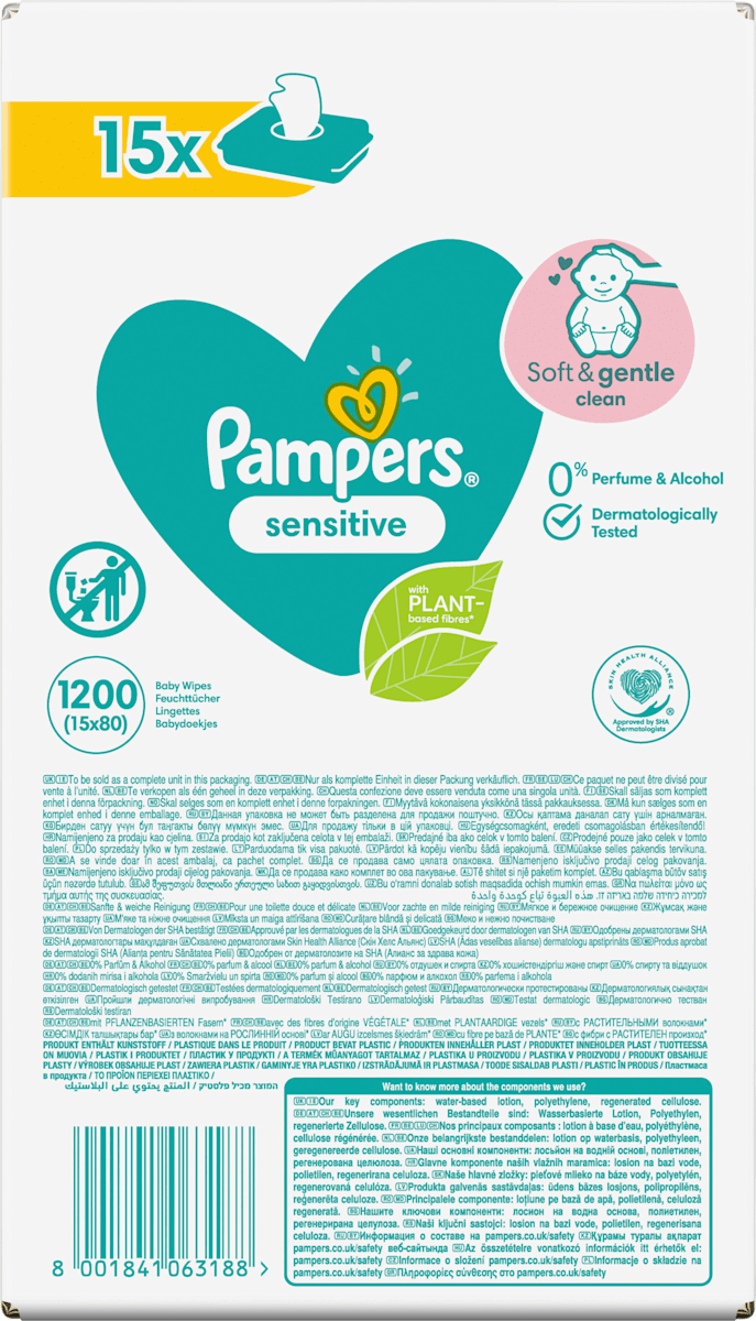 Lingettes humides sensitives (15x80 pces), paquet avantageux, 1.200 pces