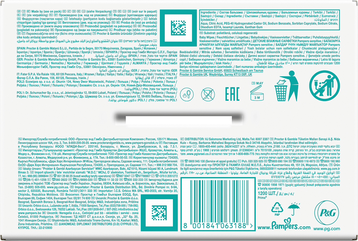 Lingettes humides sensitives (15x80 pces), paquet avantageux, 1.200 pces