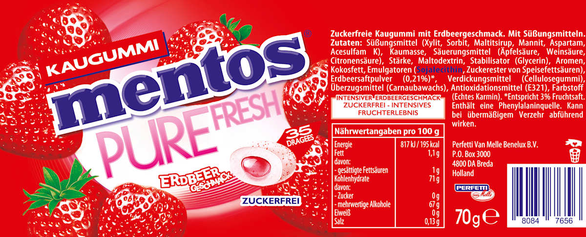 Mentos Pure Fresh chewing-gum saveur fraise, sans sucre (35 Stück), 70 g