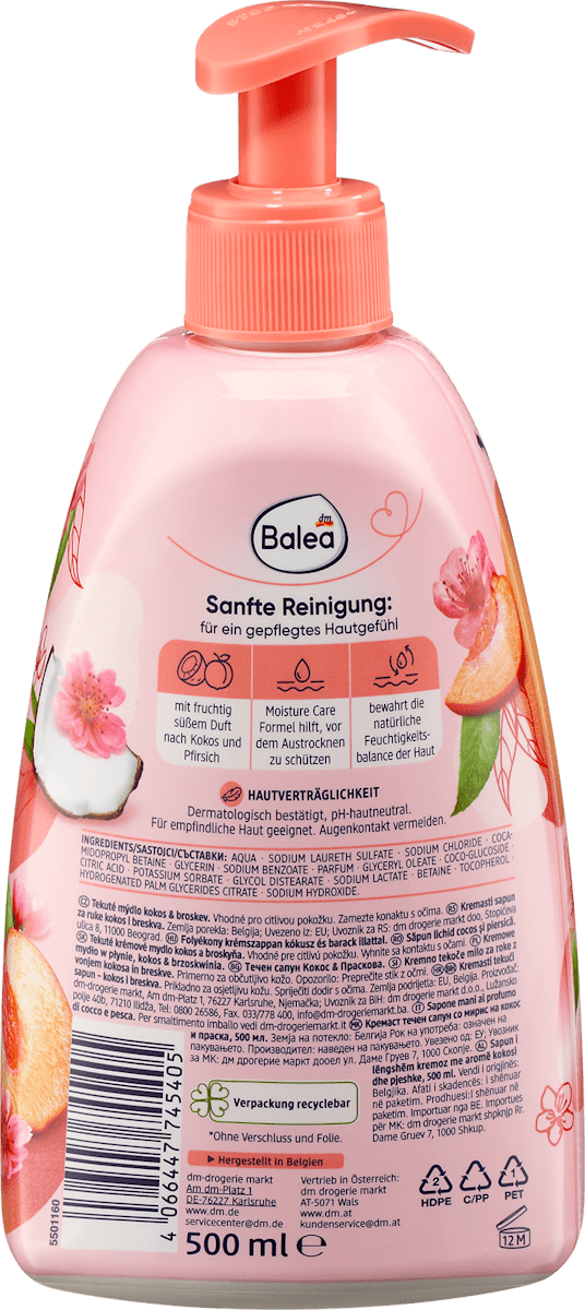 Savon crème pêche & noix de coco, 500 ml