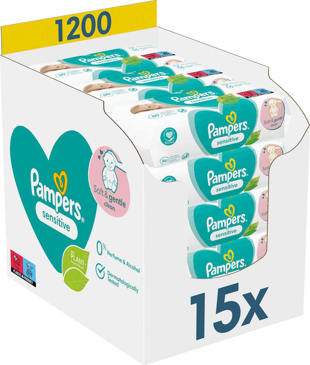 Lingettes humides sensitives (15x80 pces), paquet avantageux, 1.200 pces