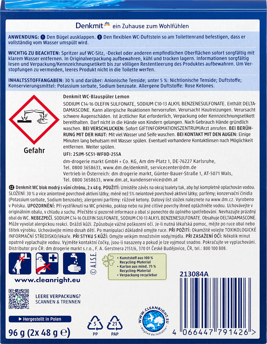 Produit de rinçage bleu pour WC Lemon, 2 pces