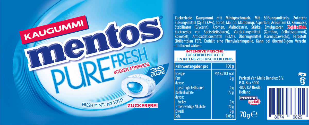 Mentos Pure Fresh Mint, Chewin Gum sans sucre (35 pièces), 70 g