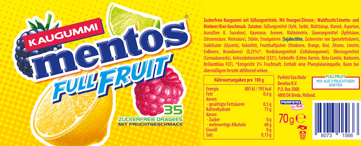 Mentos Full Fruit sans sucre (35 pièces) Chewin gum, 70 g