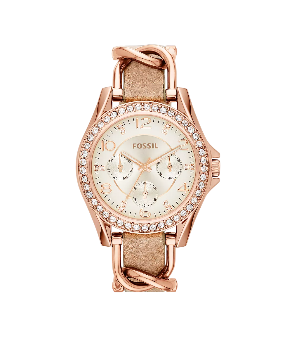 Montre Riley multifonction en acier inoxydable et en cuir Doré rose et ivoire