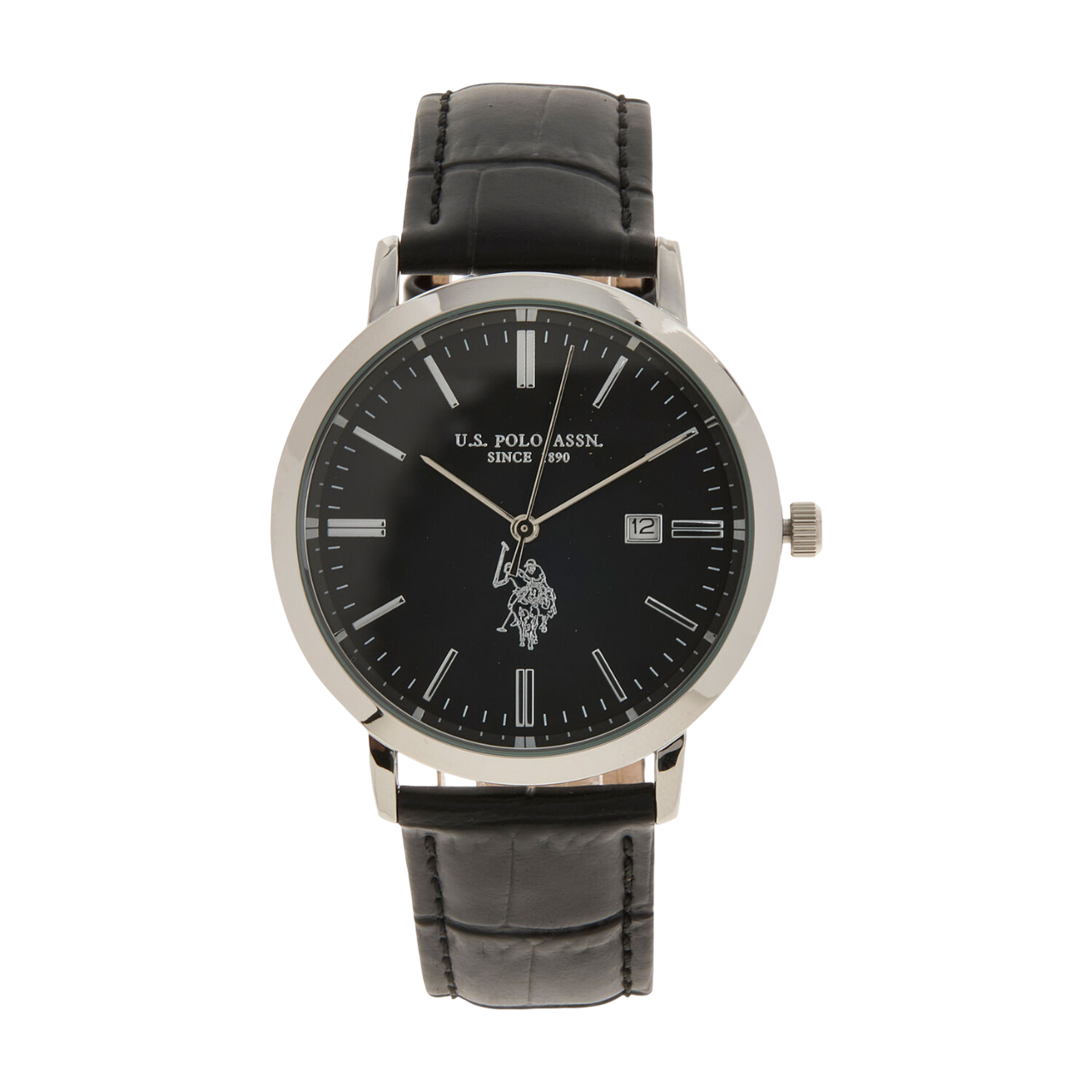 Montre-bracelet argentée avec bracelet en cuir noir