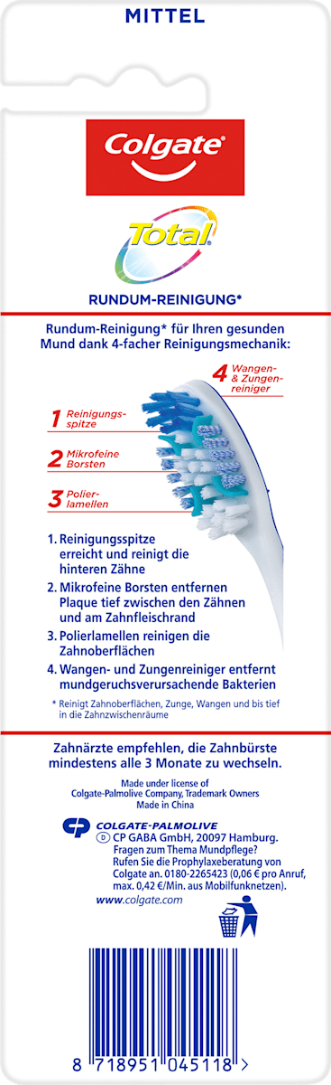 Brosse à dents Total Nettoyage complet moyen (1+1Gratuit), 2 pces