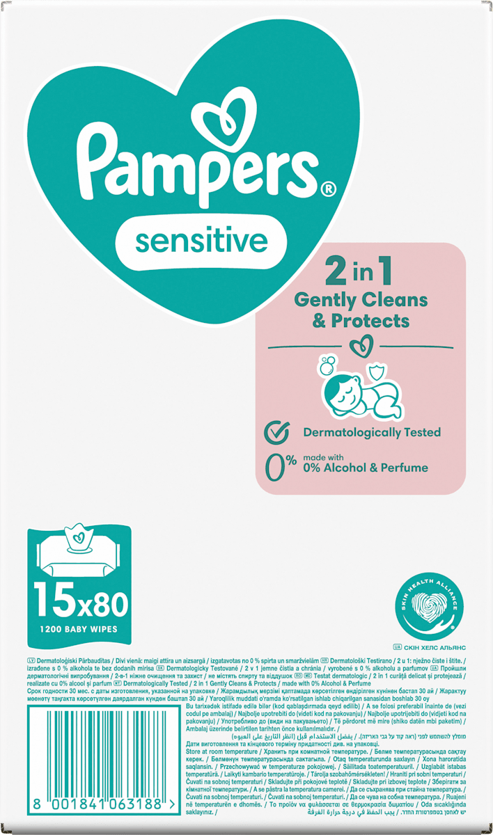 Lingettes humides sensitives (15x80 pces), paquet avantageux, 1.200 pces