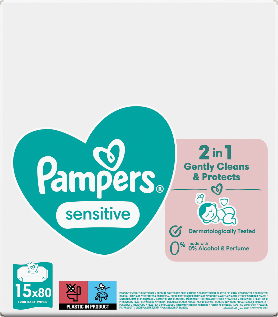 Lingettes humides sensitives (15x80 pces), paquet avantageux, 1.200 pces