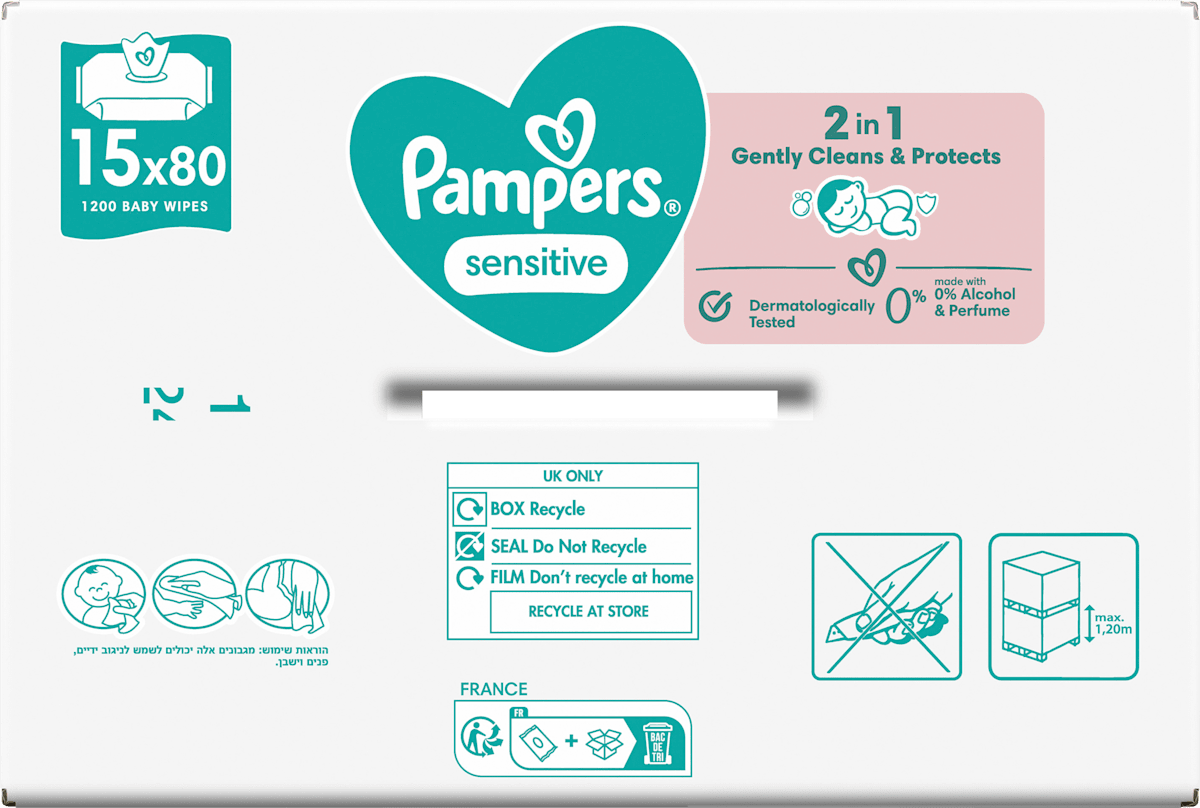 Lingettes humides sensitives (15x80 pces), paquet avantageux, 1.200 pces